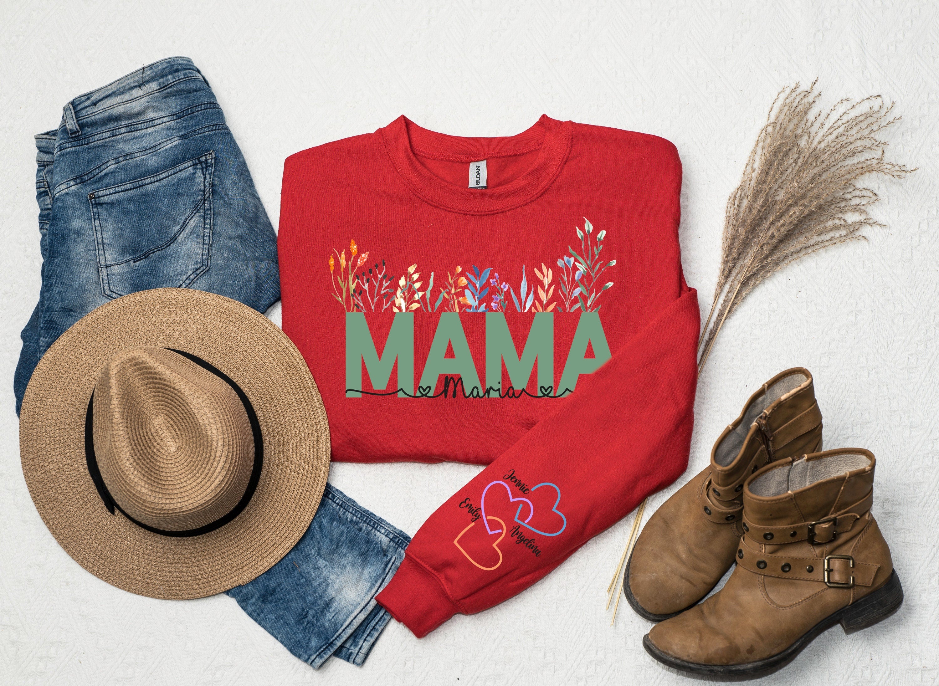 Custom Mama Sweatshirt and Children Name on Sleeve,Wildflower Mama Sweatshirt,Ladies long Sleeve,Gift for Mom, Floral Mom Shirt,Gift for Mom
