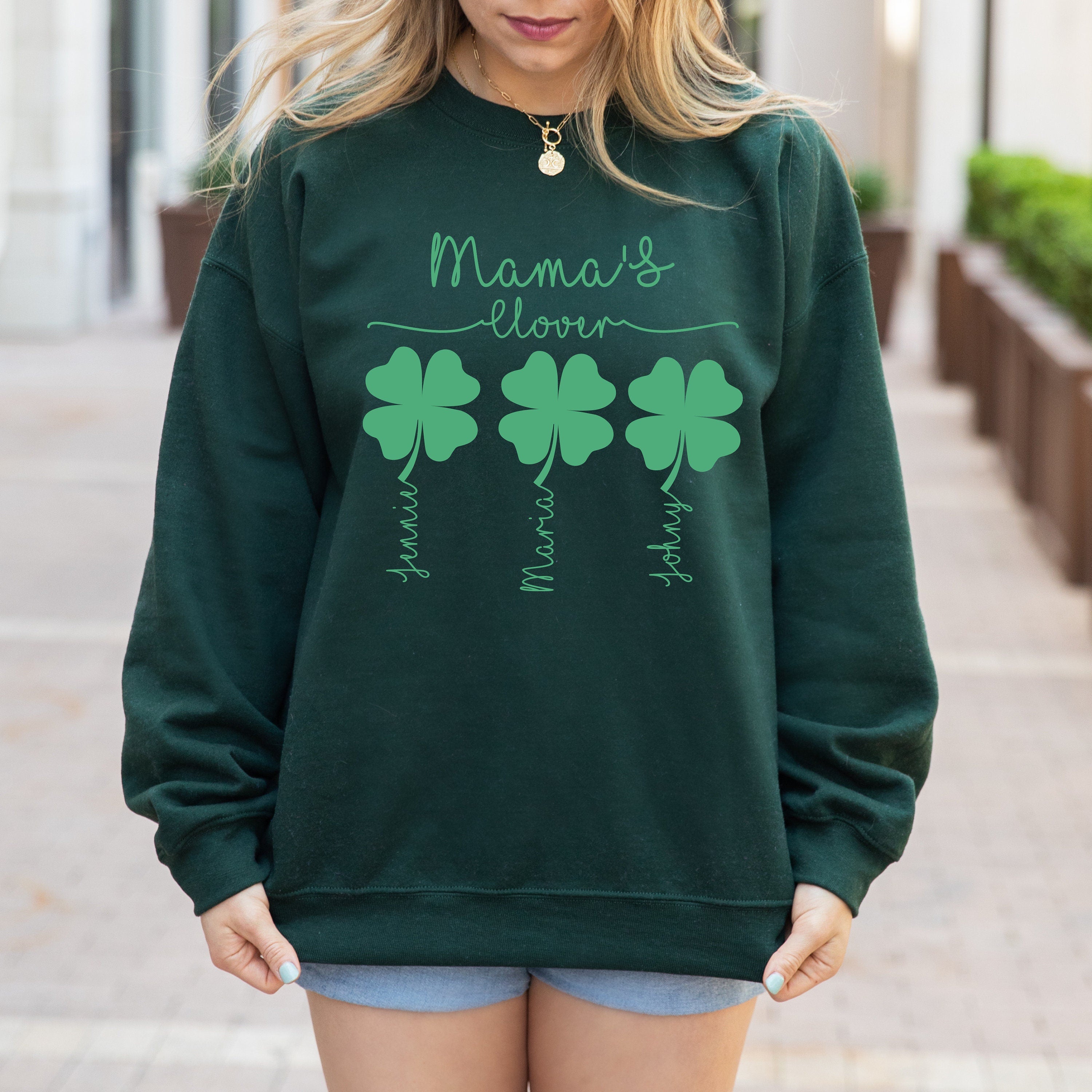 Custom Mama Sweatshirt with Children Name on Clover, Personalized Mom Sweatshirt With Kids Names On Sleeve, Gift for Mom, Floral Mom Shirt
