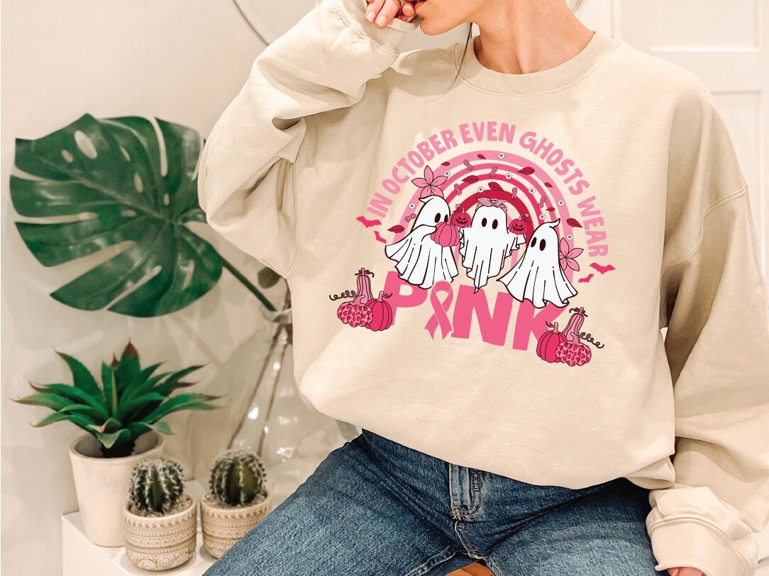 Pink ghost Sweatshirt, Pink Ribbon Breast Cancer Sweatshirt,Warrior Pink Ribbon Sweater,Breast Cancer Awareness Gifts,Breast Cancer sweater