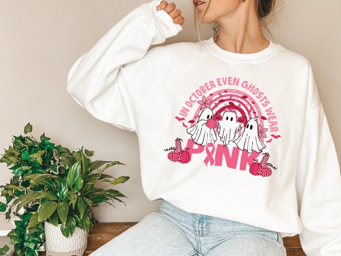 Pink ghost Sweatshirt, Pink Ribbon Breast Cancer Sweatshirt,Warrior Pink Ribbon Sweater,Breast Cancer Awareness Gifts,Breast Cancer sweater