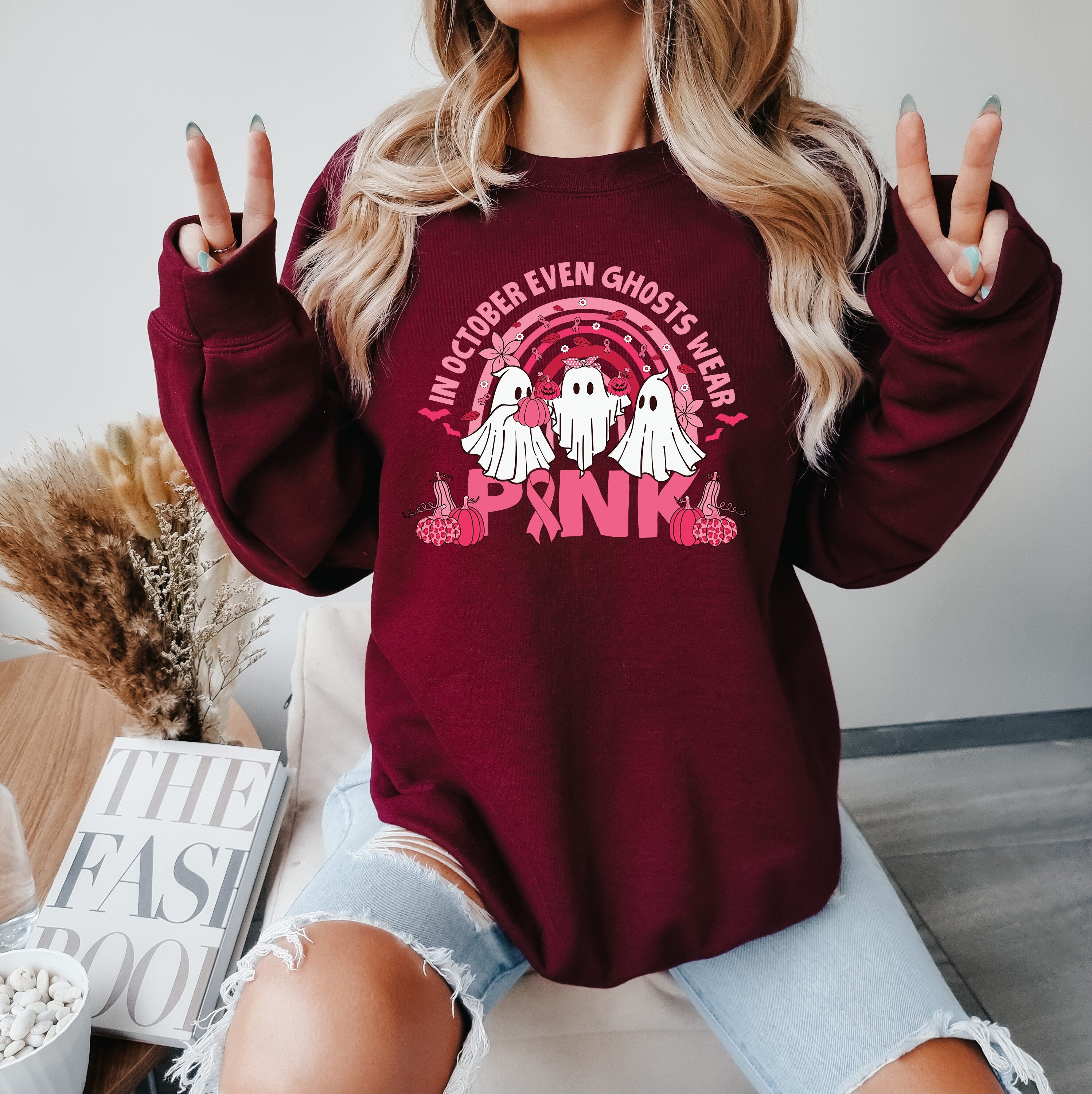 Pink ghost Sweatshirt, Pink Ribbon Breast Cancer Sweatshirt,Warrior Pink Ribbon Sweater,Breast Cancer Awareness Gifts,Breast Cancer sweater