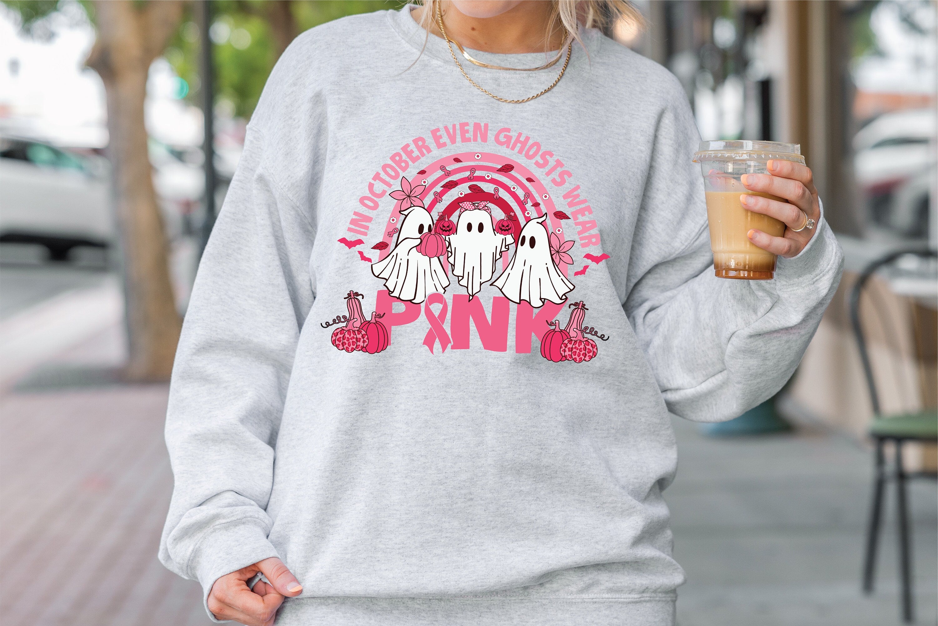 Pink ghost Sweatshirt, Pink Ribbon Breast Cancer Sweatshirt,Warrior Pink Ribbon Sweater,Breast Cancer Awareness Gifts,Breast Cancer sweater