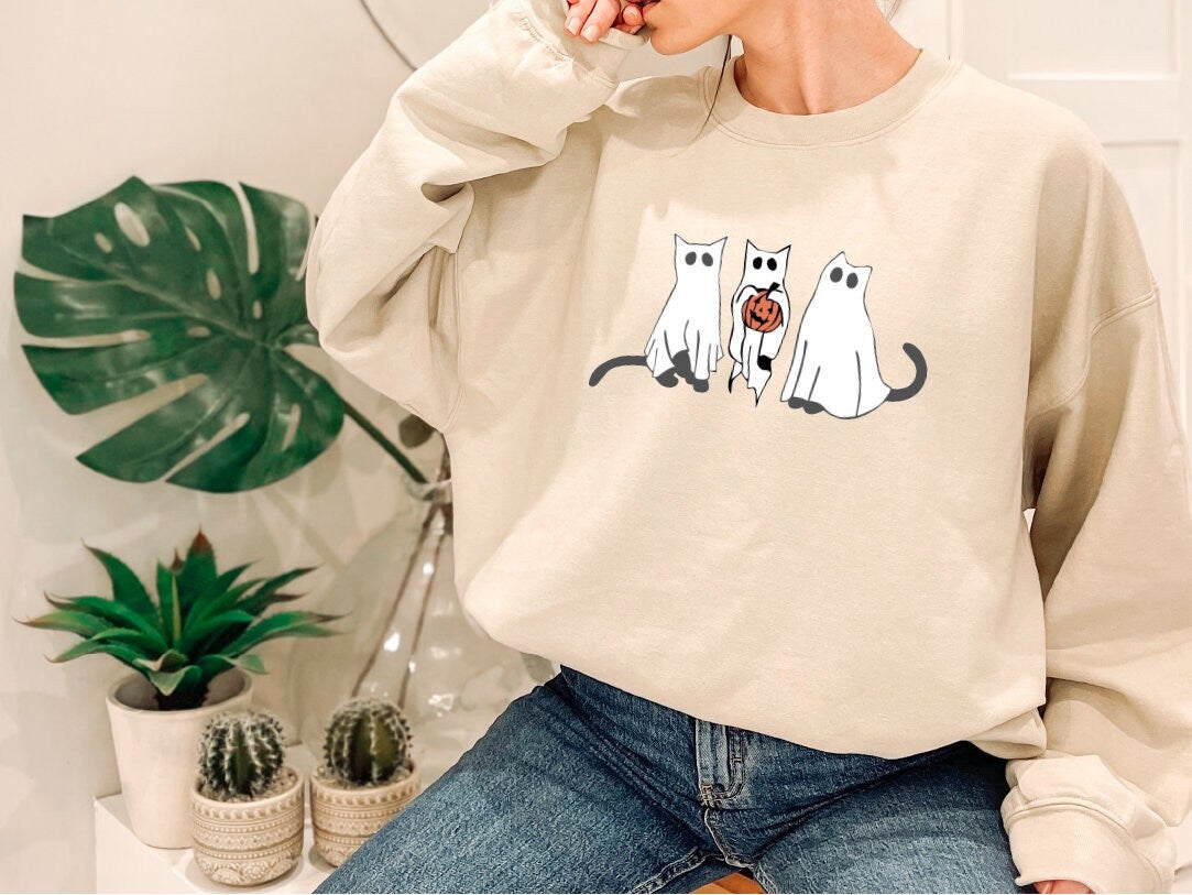 Cat Ghost Halloween,Cat Crewneck, Cute Scary Cat Pumpkin Autumn Crewneck, Bats and Spooky Cats
