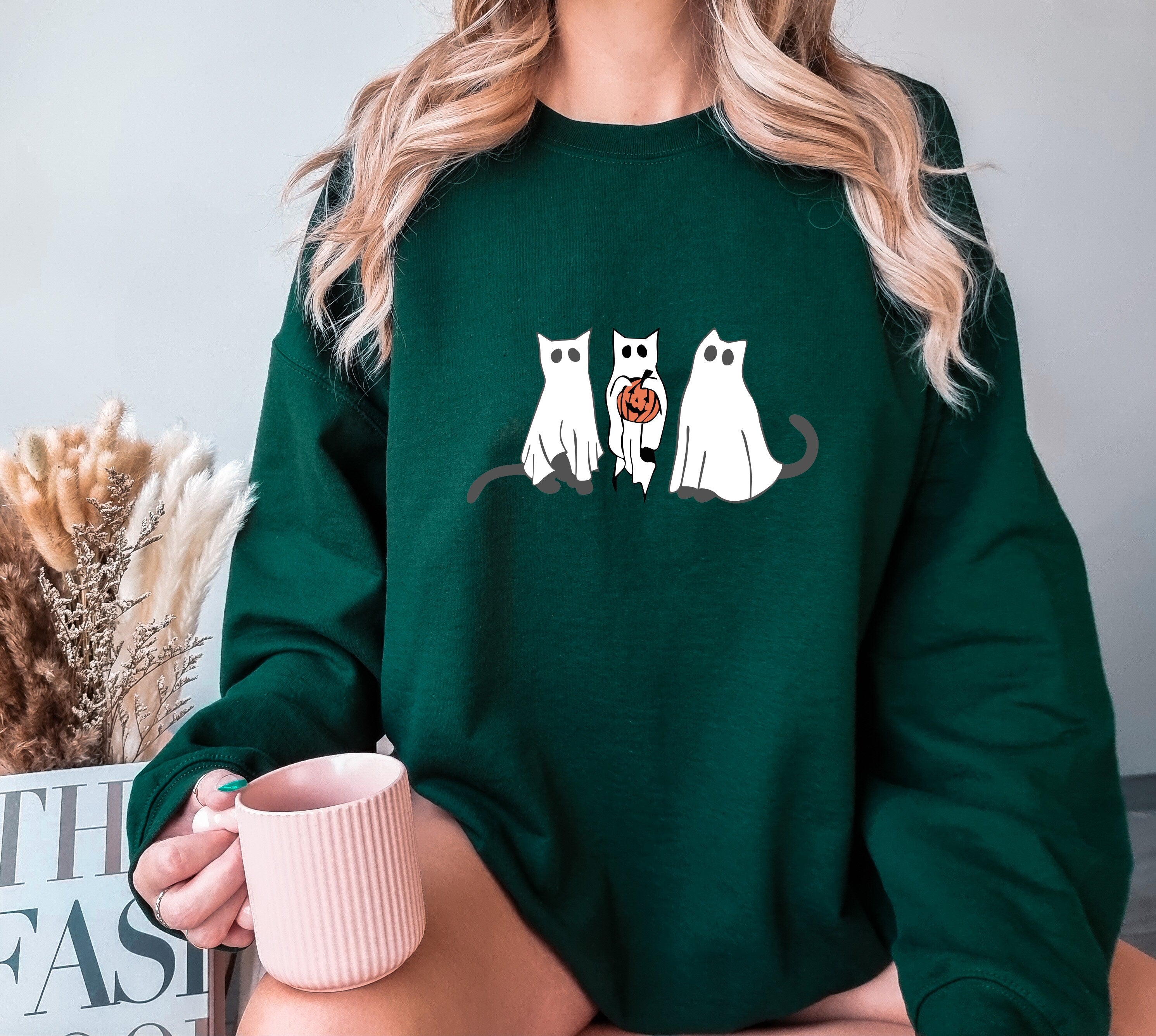 Cat Ghost Halloween,Cat Crewneck, Cute Scary Cat Pumpkin Autumn Crewneck, Bats and Spooky Cats
