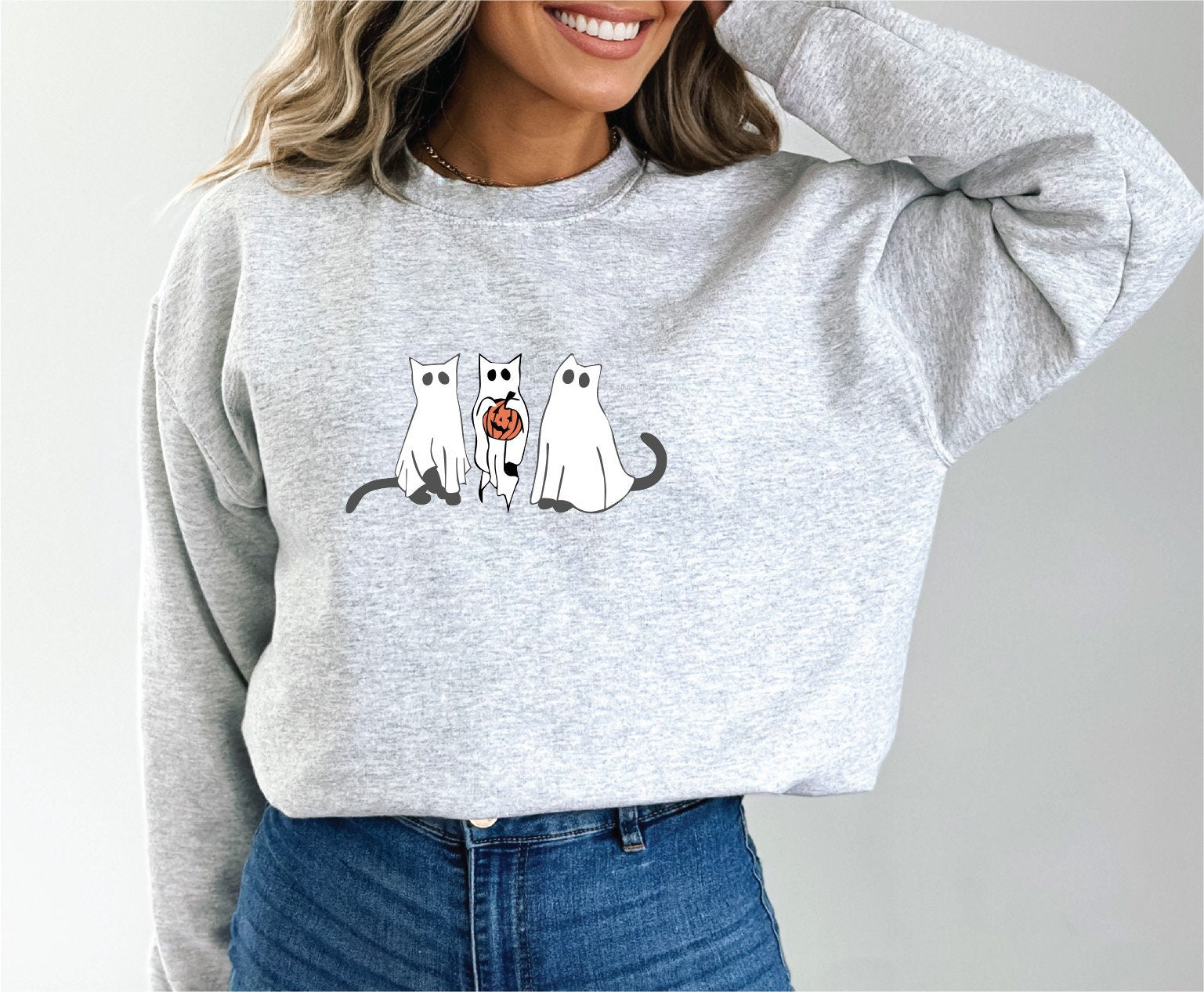 Cat Ghost Halloween,Cat Crewneck, Cute Scary Cat Pumpkin Autumn Crewneck, Bats and Spooky Cats