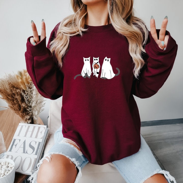 Cat Ghost Halloween,Cat Crewneck, Cute Scary Cat Pumpkin Autumn Crewneck, Bats and Spooky Cats