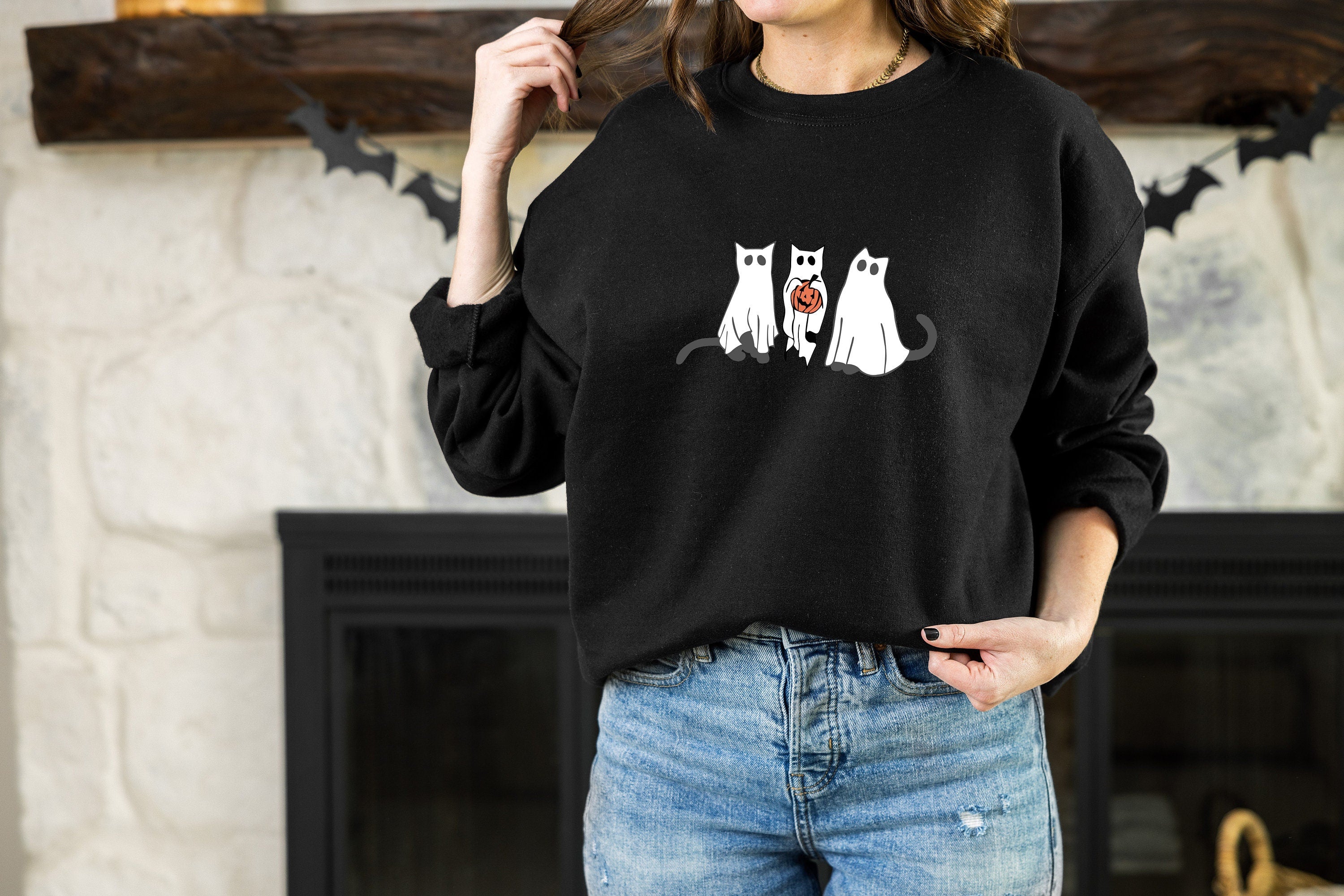 Cat Ghost Halloween,Cat Crewneck, Cute Scary Cat Pumpkin Autumn Crewneck, Bats and Spooky Cats
