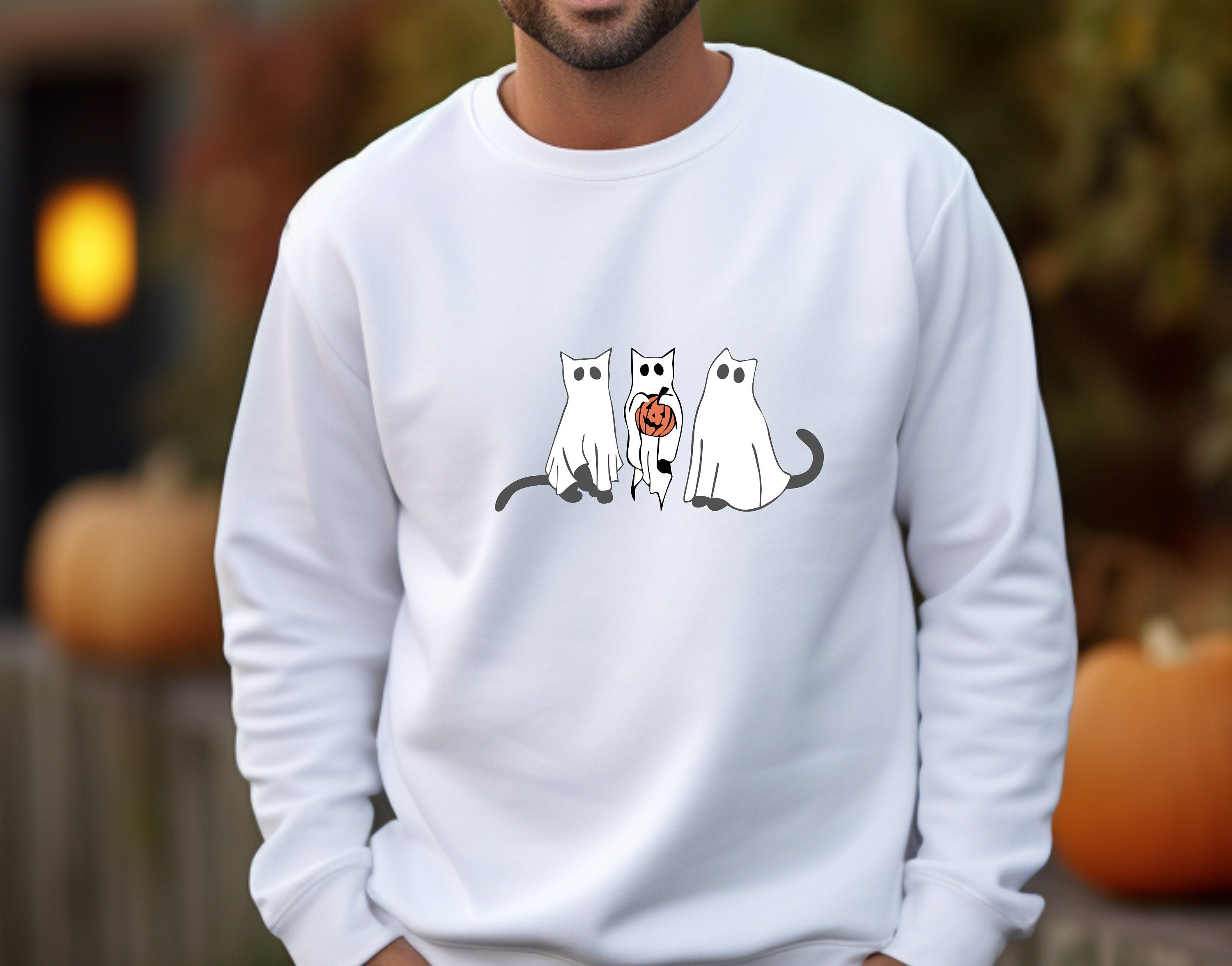 Cat Ghost Halloween,Cat Crewneck, Cute Scary Cat Pumpkin Autumn Crewneck, Bats and Spooky Cats