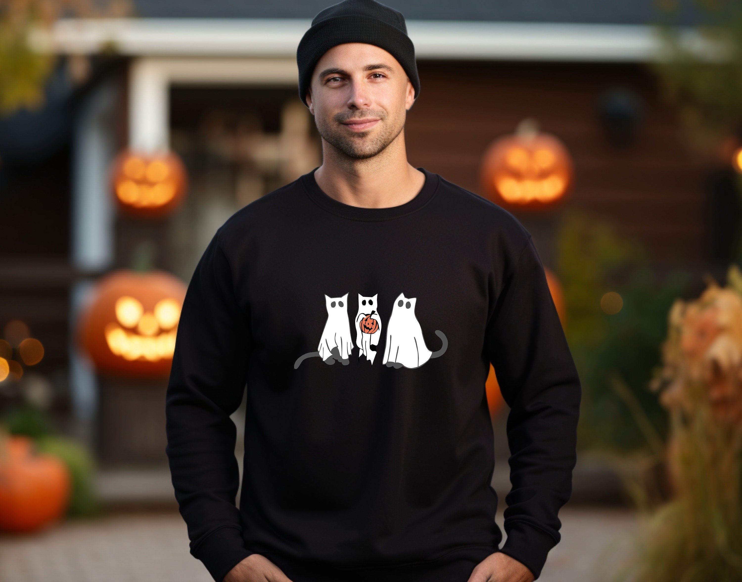 Cat Ghost Halloween,Cat Crewneck, Cute Scary Cat Pumpkin Autumn Crewneck, Bats and Spooky Cats
