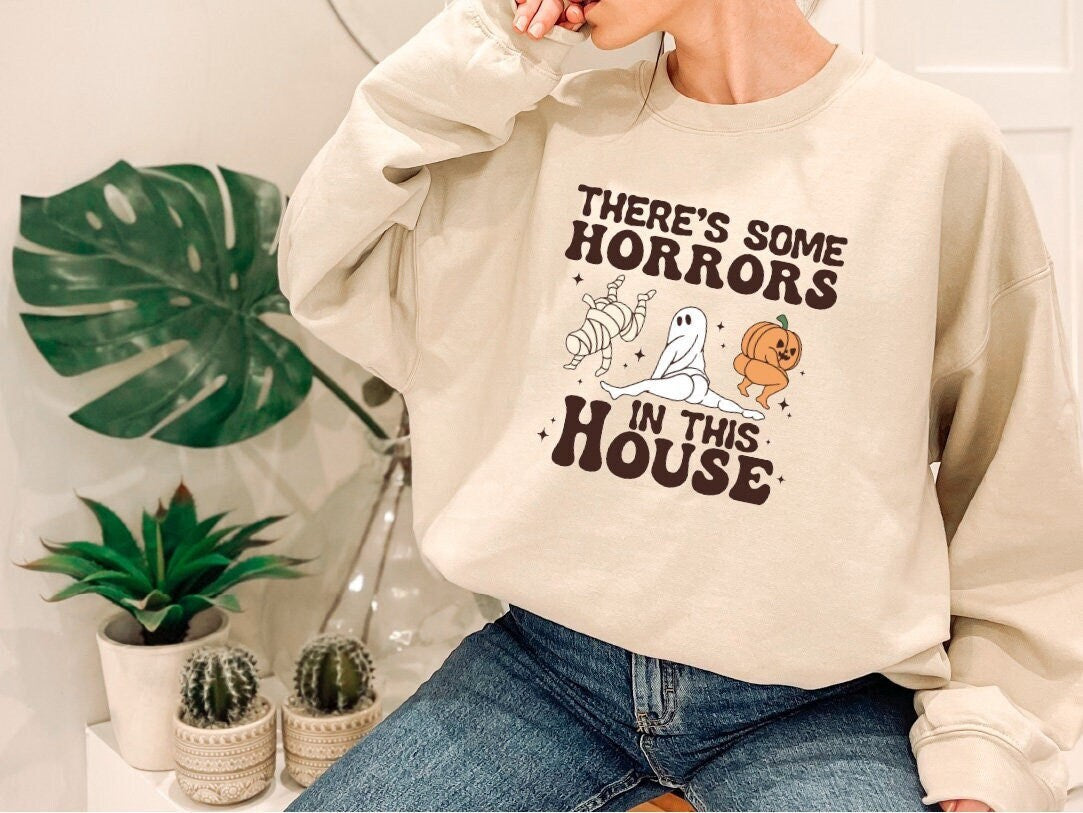 Theres Some Horrors in this House Sweatshirt,Funny  Pumpkin Halloween Shirt,Trendy Retro Halloween Sweatshirt,Crewneck Sweatshirt