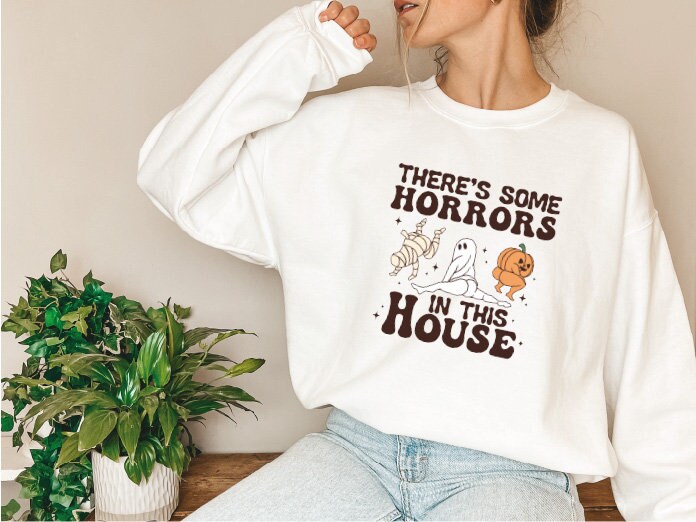 Theres Some Horrors in this House Sweatshirt,Funny  Pumpkin Halloween Shirt,Trendy Retro Halloween Sweatshirt,Crewneck Sweatshirt