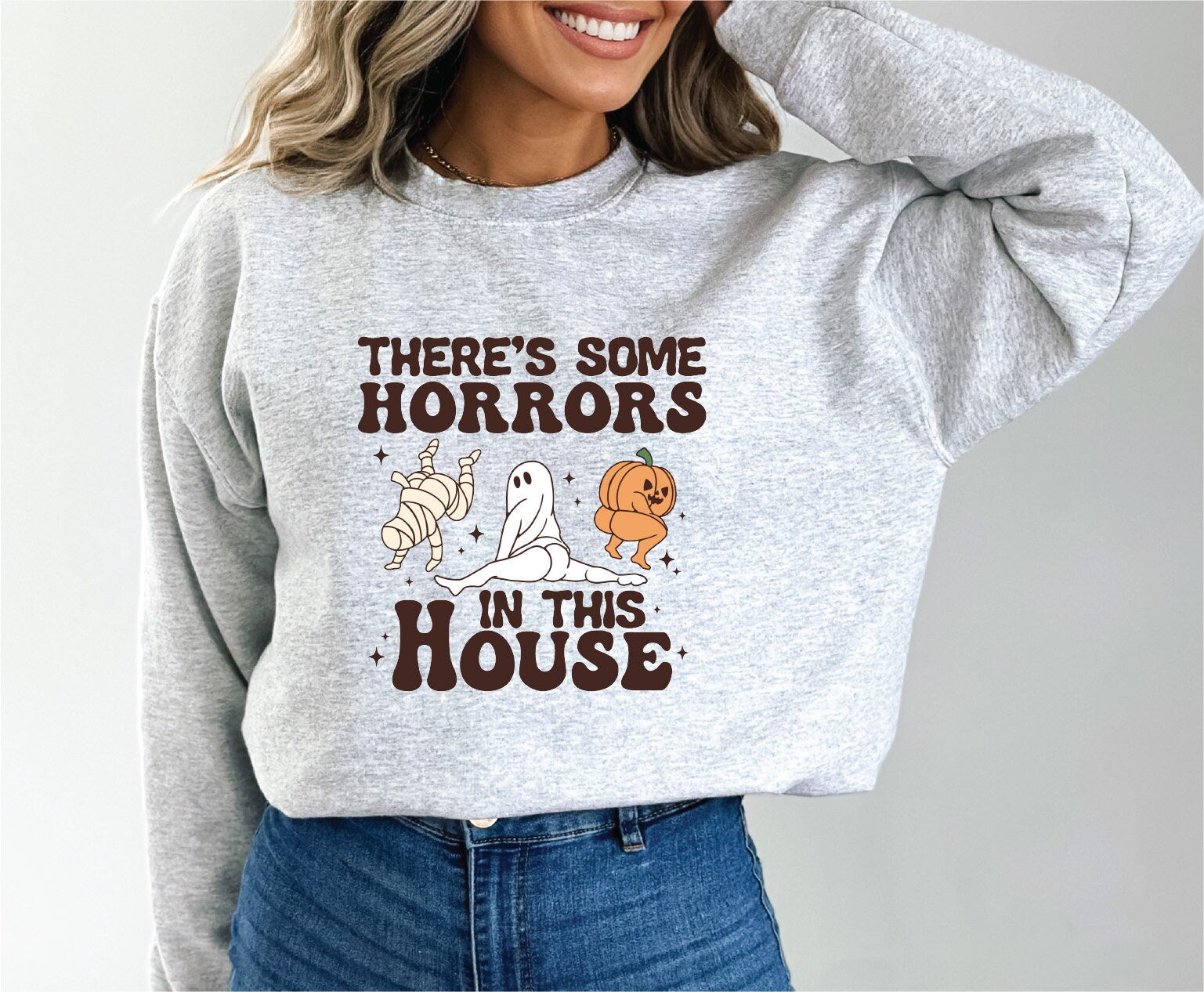 Theres Some Horrors in this House Sweatshirt,Funny  Pumpkin Halloween Shirt,Trendy Retro Halloween Sweatshirt,Crewneck Sweatshirt