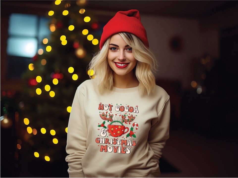 Hot Cocoa and Christmas Movies Sweatshirt, Christmas Women Sweatshirt, Xmas Gift, Funny Christmas Movies Sweatshirt, Cute Sweater Holiday