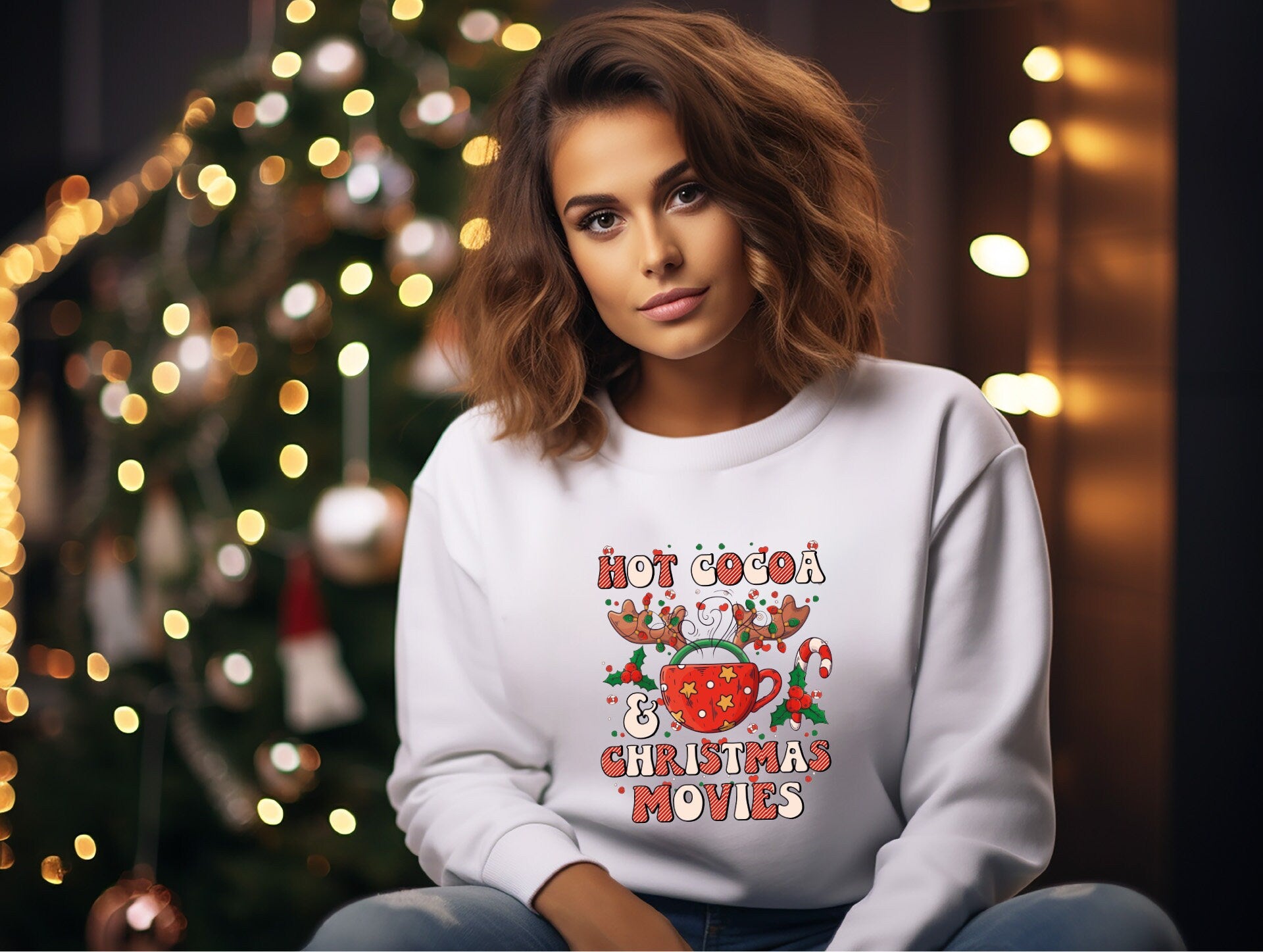Hot Cocoa and Christmas Movies Sweatshirt, Christmas Women Sweatshirt, Xmas Gift, Funny Christmas Movies Sweatshirt, Cute Sweater Holiday