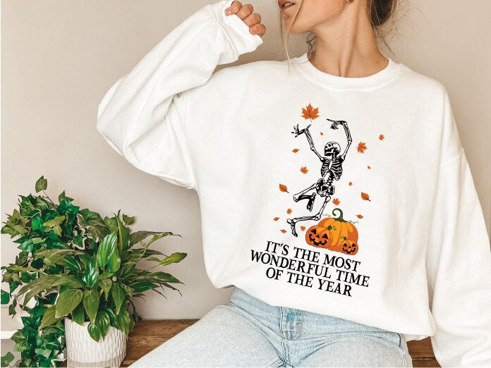 It's the Most Wonderful Time of The Year Halloween Sweatshirt, Pumpkin Skeleton Sweatshirt, Vintage Halloween Sweatshirt, Cool Halloween