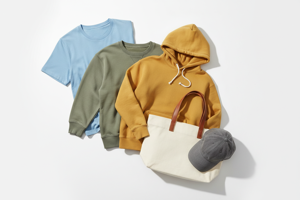 "Clean white background with no text. One t-shirt, one sweatshirt, one hoodie, one tote bag, and one hat arranged in a close staggered diagonal layout (slightly overlapping but still separated), each item in a different color, soft shadows, high-quality fabric texture, products visually popping forward, minimalistic e-commerce hero banner aesthetic."