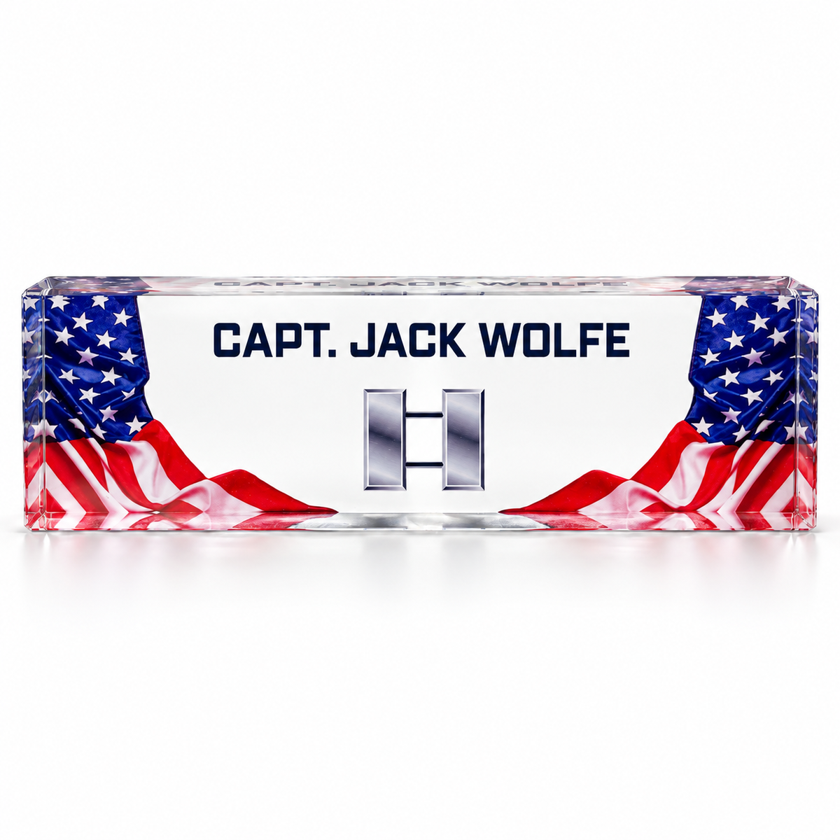 Capt. Jack Wolfe crystal desk name plate with American flags and silver captain rank artwork