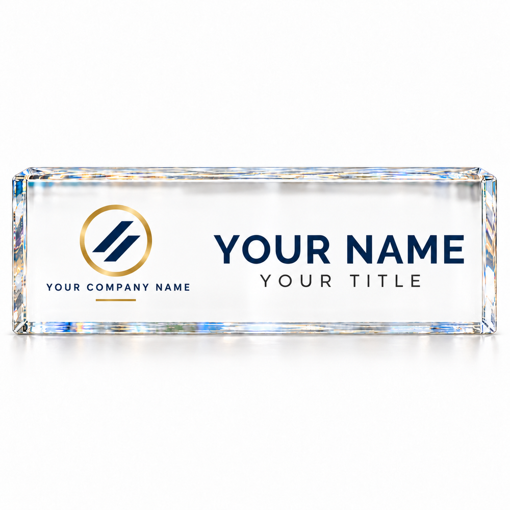 Custom company logo crystal desk name plate showing company name, personalized name and title layout