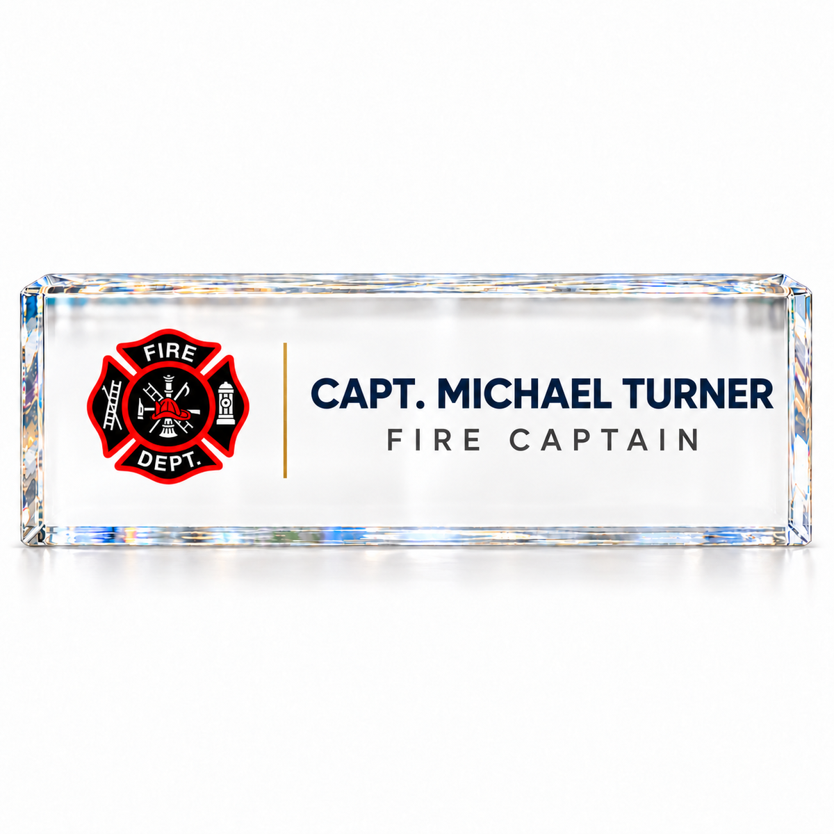 Fire Department emblem crystal name plate personalized with Capt. Michael Turner and Fire Captain