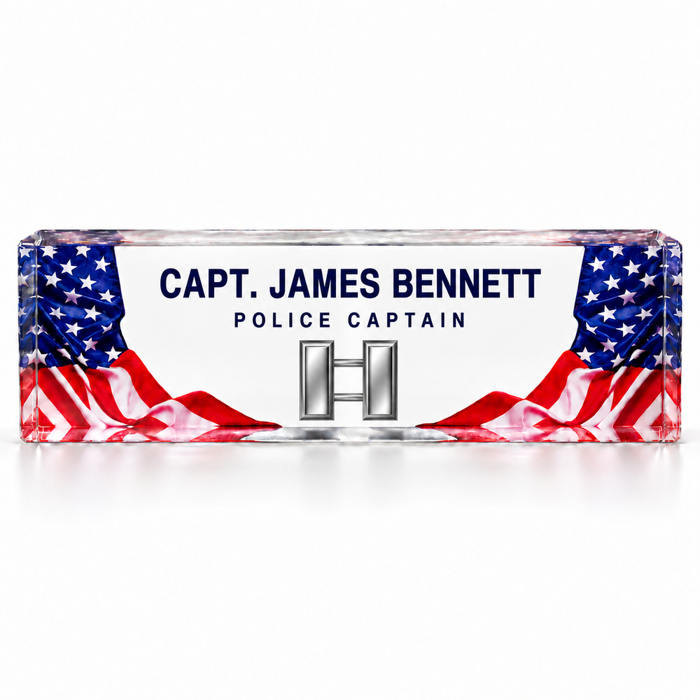 Personalized American flag crystal name plate with Police Captain James Bennett and silver double captain bars