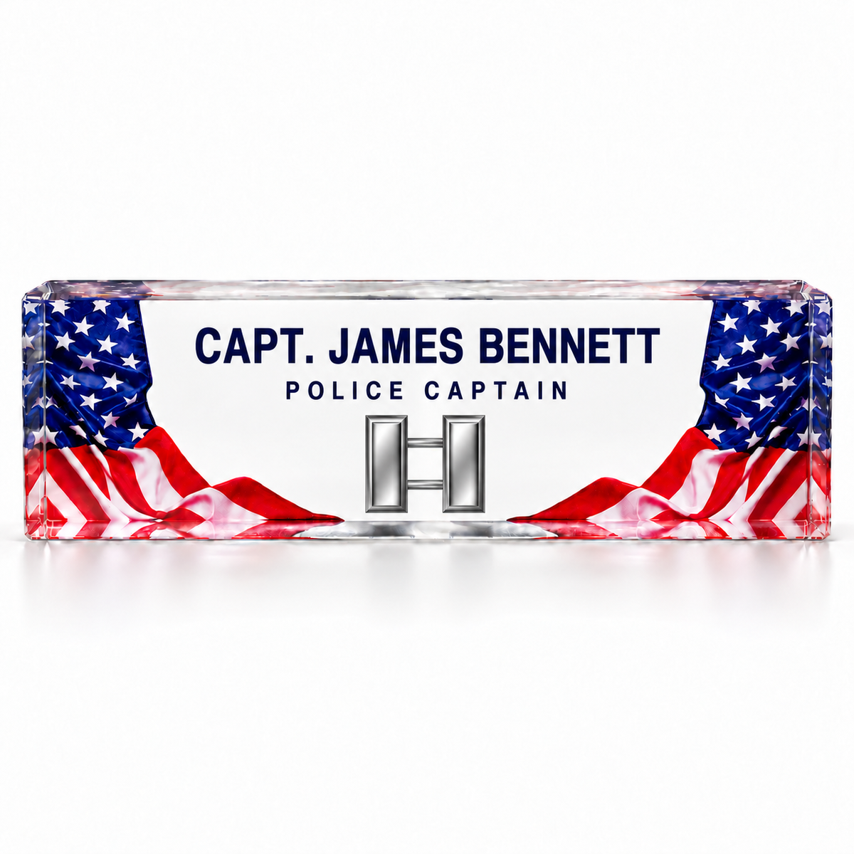 Personalized American flag crystal name plate with Police Captain James Bennett and silver double captain bars