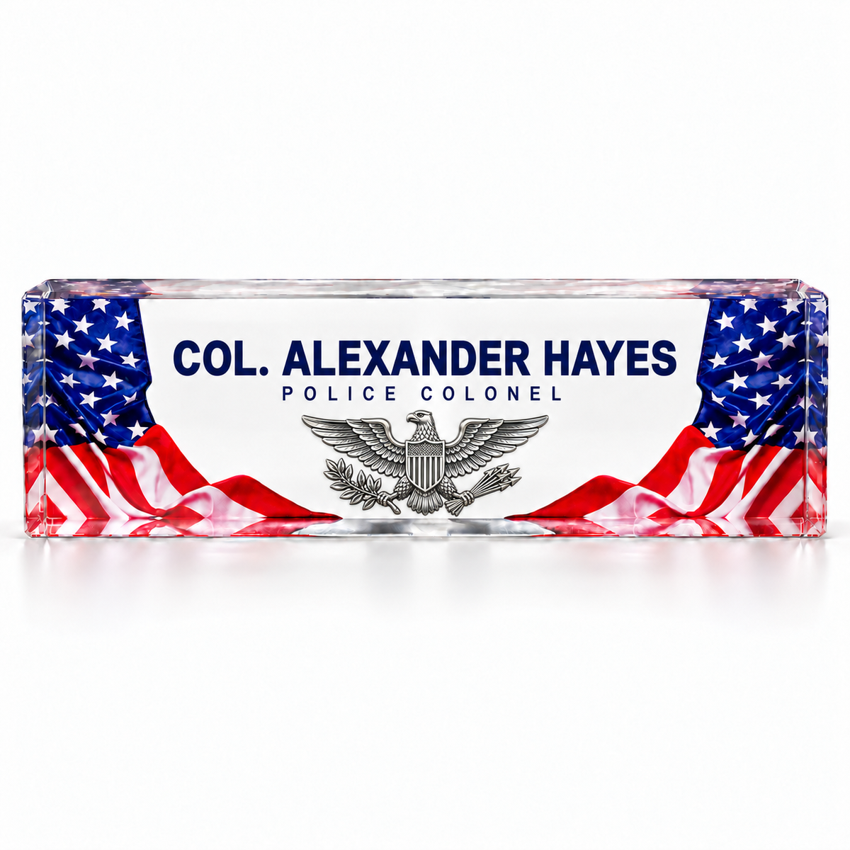 American flag crystal desk name plate for Police Colonel Alexander Hayes with silver colonel eagle rank insignia