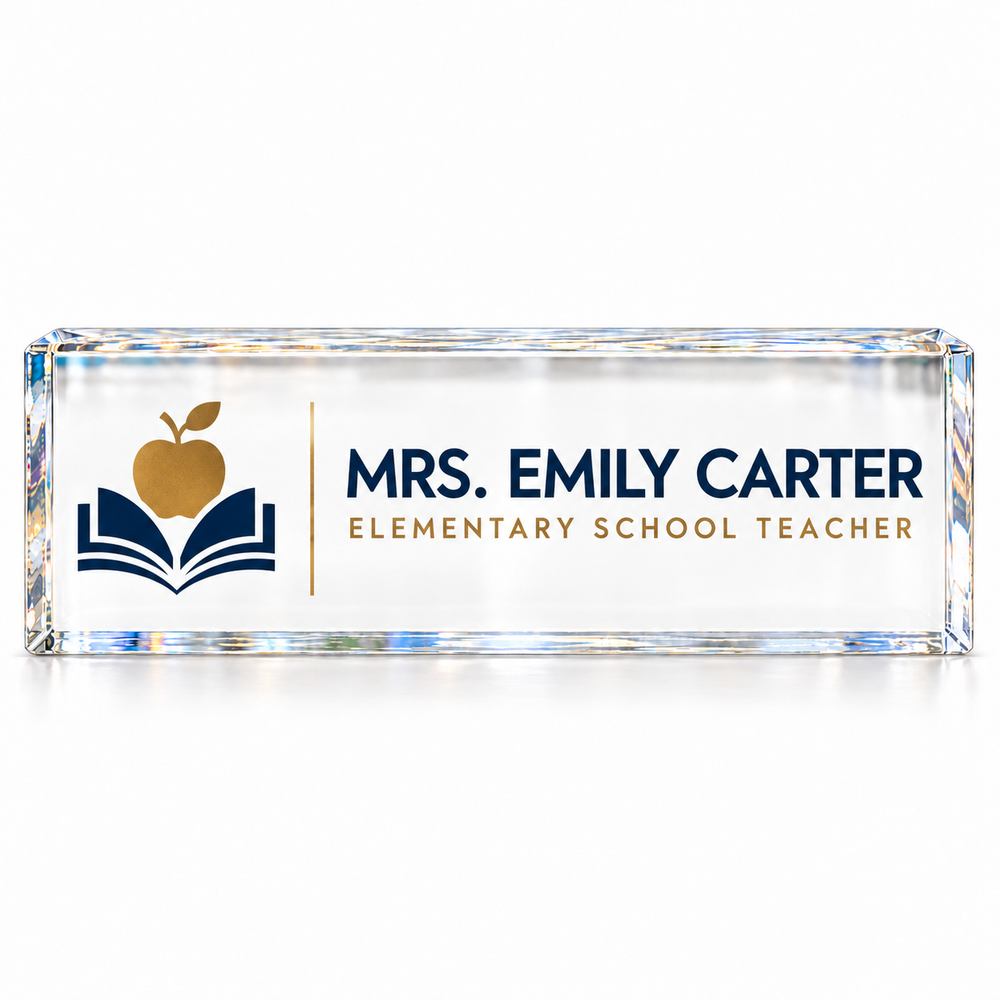 Personalized crystal teacher desk name plate with navy book, gold apple, teacher name and title