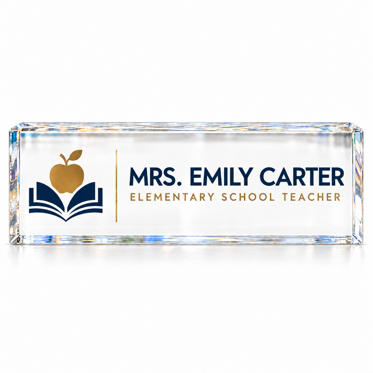 Personalized crystal teacher desk name plate with navy book, gold apple, teacher name and title