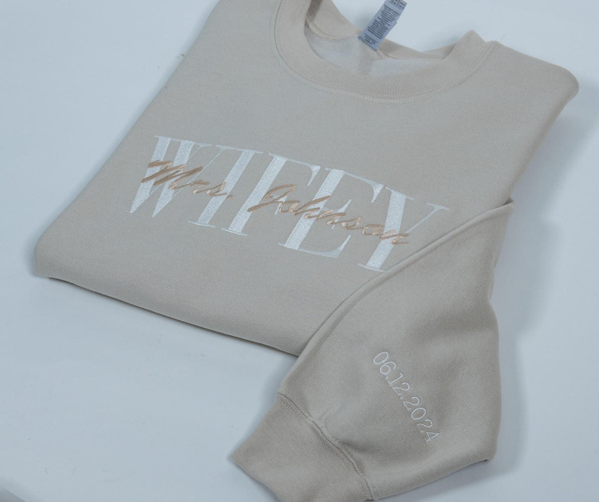Comfort Colors Wifey Embroidered Sweatshirt, Date On Sleeve, Wifey Embroidered Crewneck, Engagement Gift, Wedding Gift Bride, Bride To Be