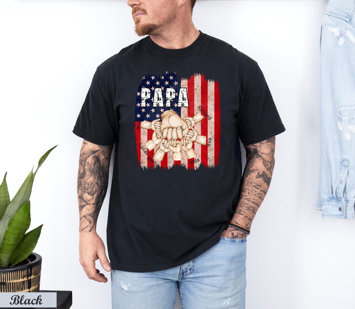 Custom Dad with Kids Hands Flag T-Shirt, Papa USA Flag Custom Kids Names Tee, Fist Bump Dad Shirt, Happy Father's Day, Trending Now Papa Shirt