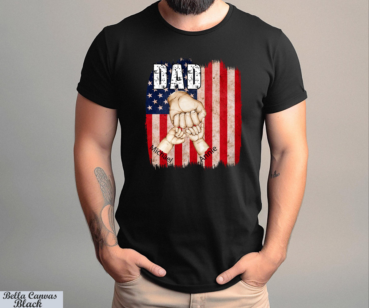 Custom Dad with Kids Hands Flag T-Shirt, Papa USA Flag Custom Kids Names Tee, Fist Bump Dad Shirt, Happy Father's Day, Trending Now Papa Shirt