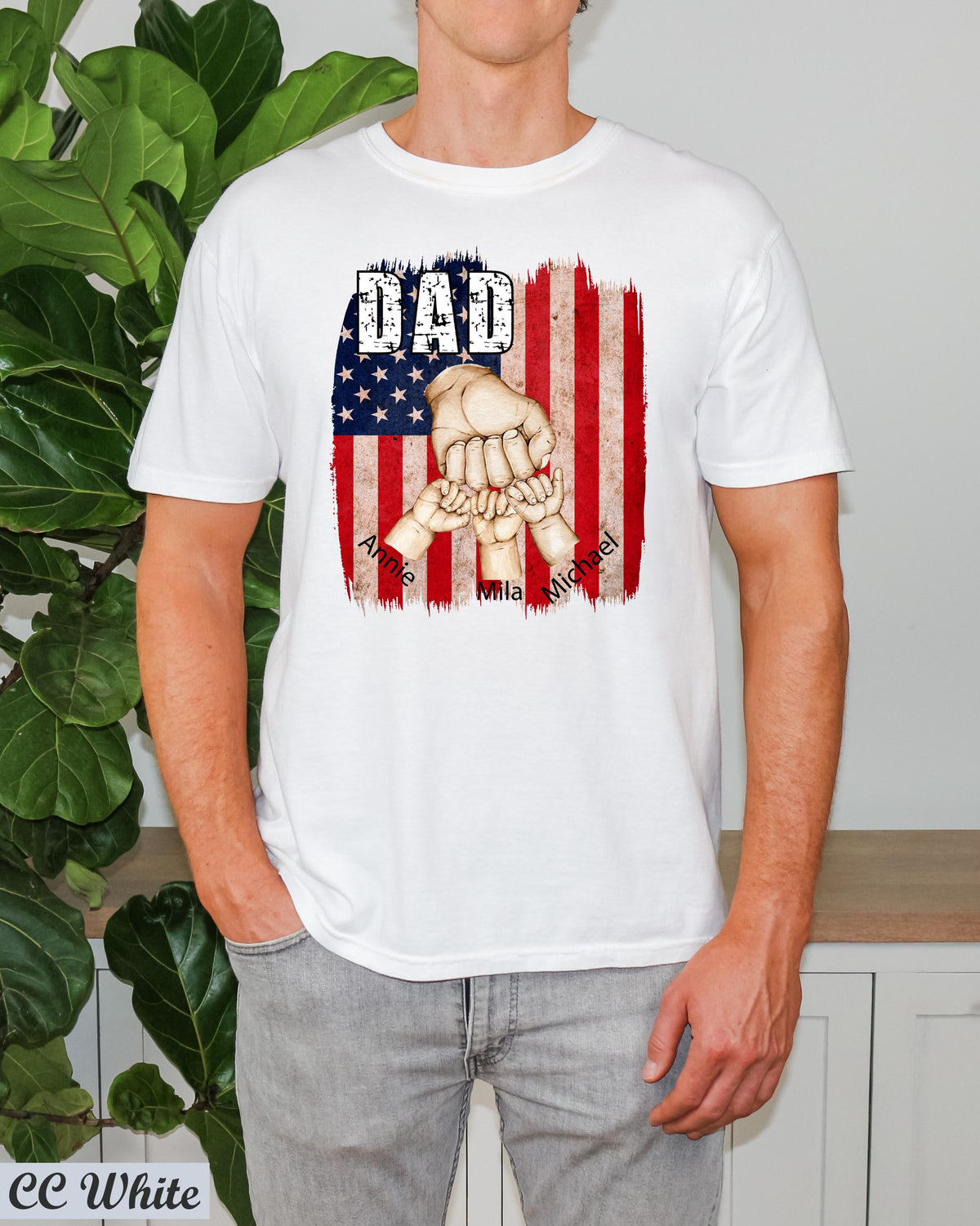 Custom Dad with Kids Hands Flag T-Shirt, Papa USA Flag Custom Kids Names Tee, Fist Bump Dad Shirt, Happy Father's Day, Trending Now Papa Shirt