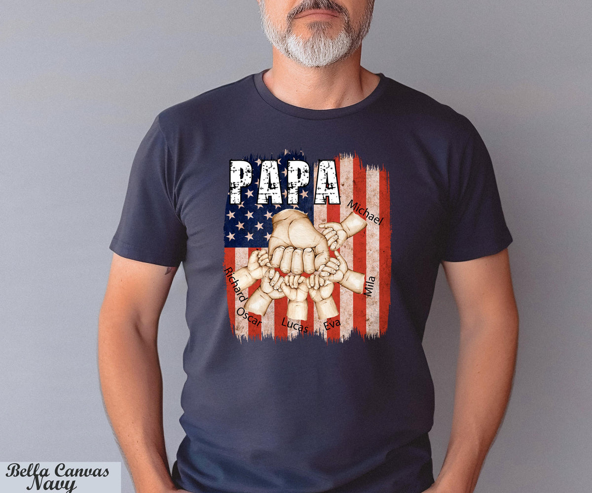 Custom Dad with Kids Hands Flag T-Shirt, Papa USA Flag Custom Kids Names Tee, Fist Bump Dad Shirt, Happy Father's Day, Trending Now Papa Shirt
