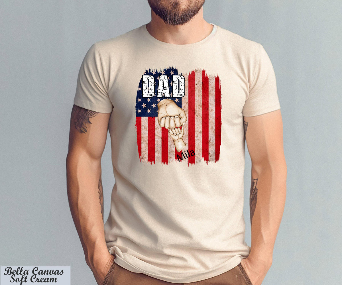 Custom Dad with Kids Hands Flag T-Shirt, Papa USA Flag Custom Kids Names Tee, Fist Bump Dad Shirt, Happy Father's Day, Trending Now Papa Shirt