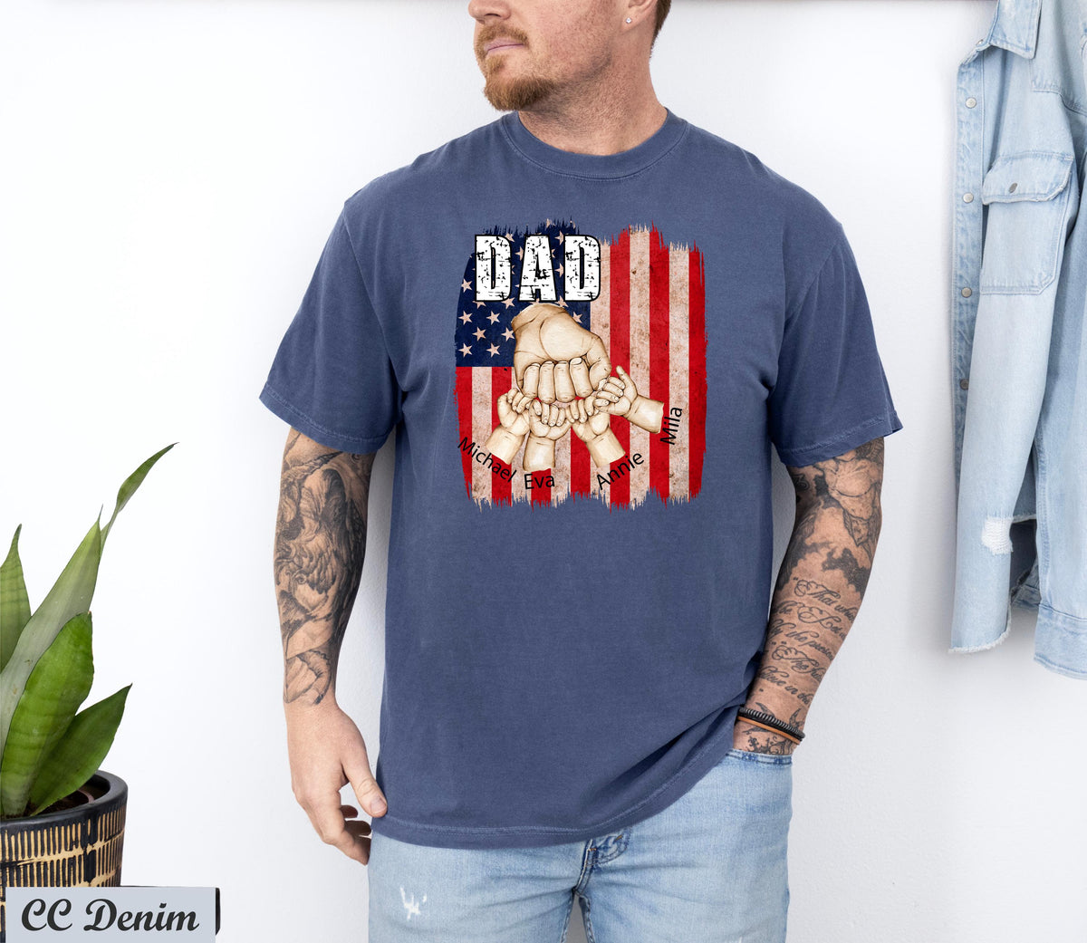 Custom Dad with Kids Hands Flag T-Shirt, Papa USA Flag Custom Kids Names Tee, Fist Bump Dad Shirt, Happy Father's Day, Trending Now Papa Shirt