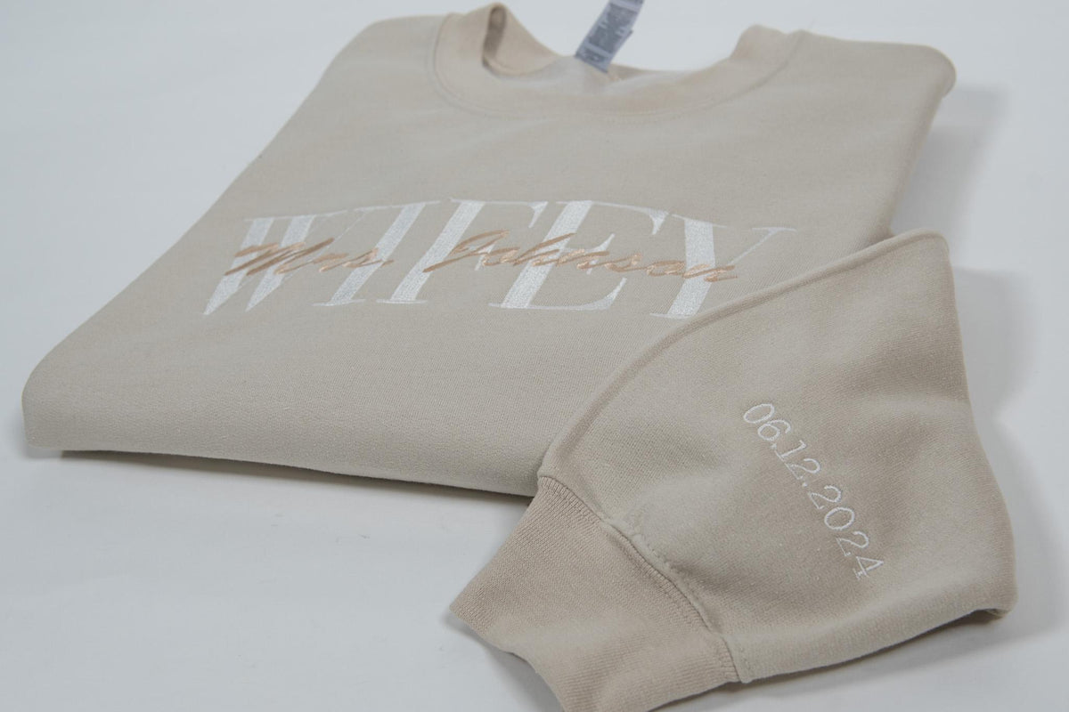 Comfort Colors Wifey Embroidered Sweatshirt, Date On Sleeve, Wifey Embroidered Crewneck, Engagement Gift, Wedding Gift Bride, Bride To Be