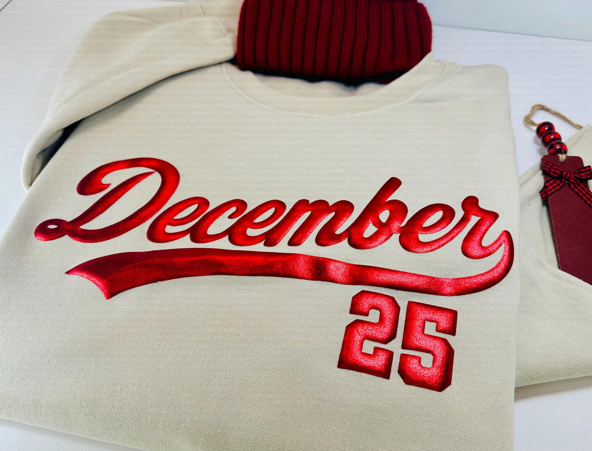 December 25 Puff Sweatshirt, December 25 Cozy Crewneck Embossed Letter Sweater, Cozy Season Tee, Christmas Gift, Women Holiday Gift Shirt