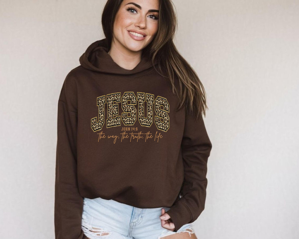 Jesus Leopard Print Shirt, John 14:6 Bible Verse Shirt, Christian Faith Sweater, The Way The Truth The Life, Religious Gift for Women Shirt