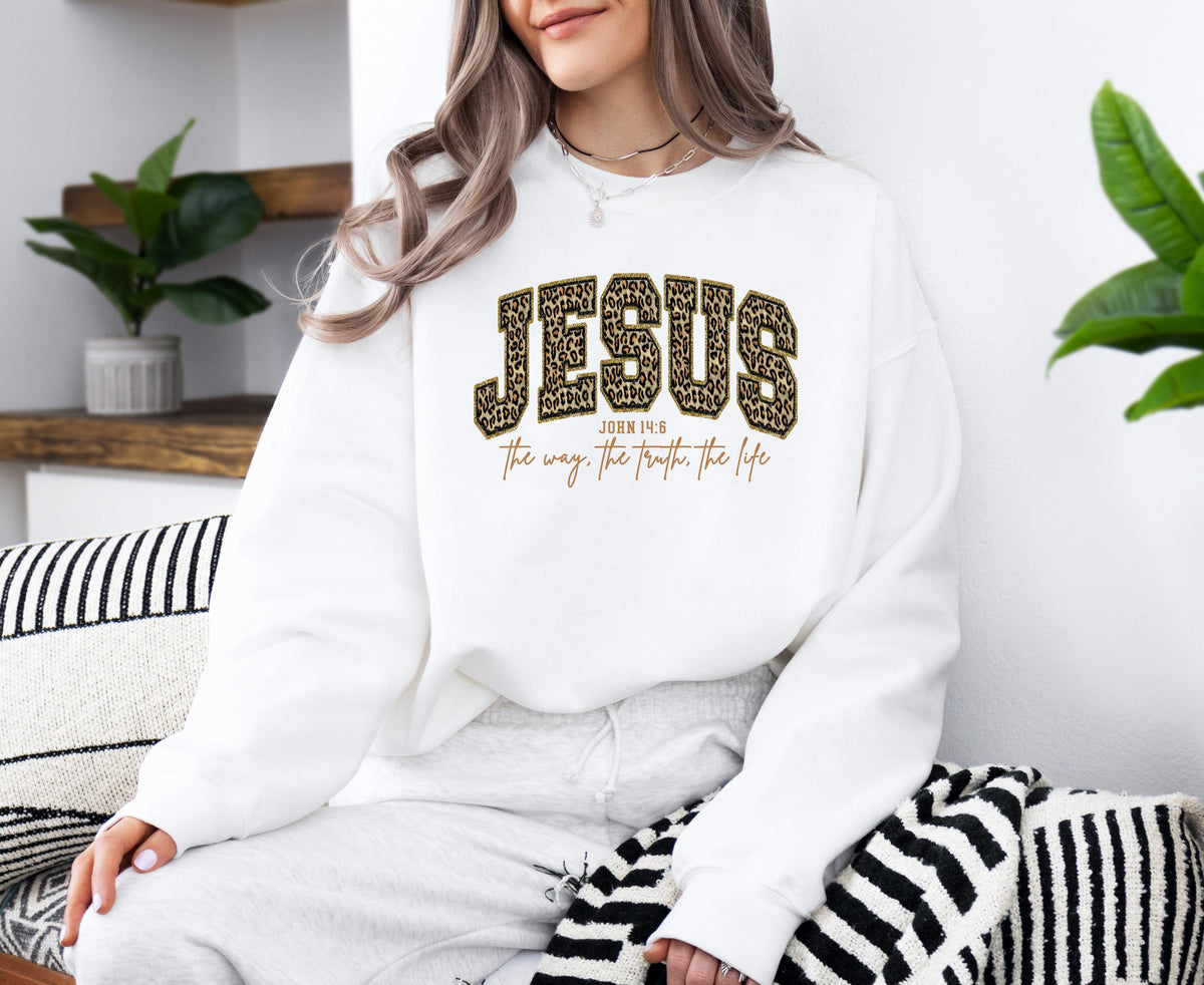 Jesus Leopard Print Shirt, John 14:6 Bible Verse Shirt, Christian Faith Sweater, The Way The Truth The Life, Religious Gift for Women Shirt