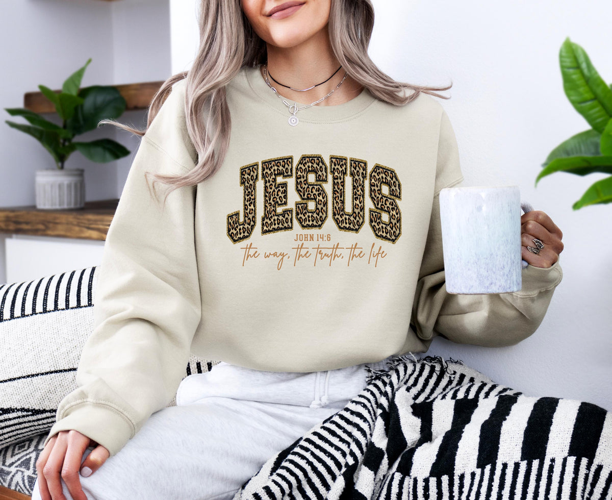 Jesus Leopard Print Shirt, John 14:6 Bible Verse Shirt, Christian Faith Sweater, The Way The Truth The Life, Religious Gift for Women Shirt