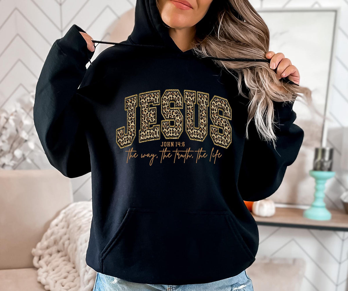 Jesus Leopard Print Shirt, John 14:6 Bible Verse Shirt, Christian Faith Sweater, The Way The Truth The Life, Religious Gift for Women Shirt