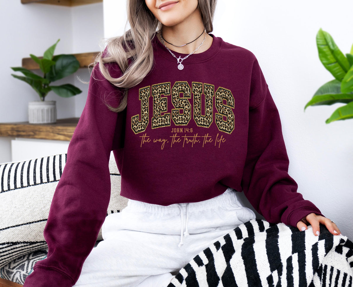 Jesus Leopard Print Shirt, John 14:6 Bible Verse Shirt, Christian Faith Sweater, The Way The Truth The Life, Religious Gift for Women Shirt
