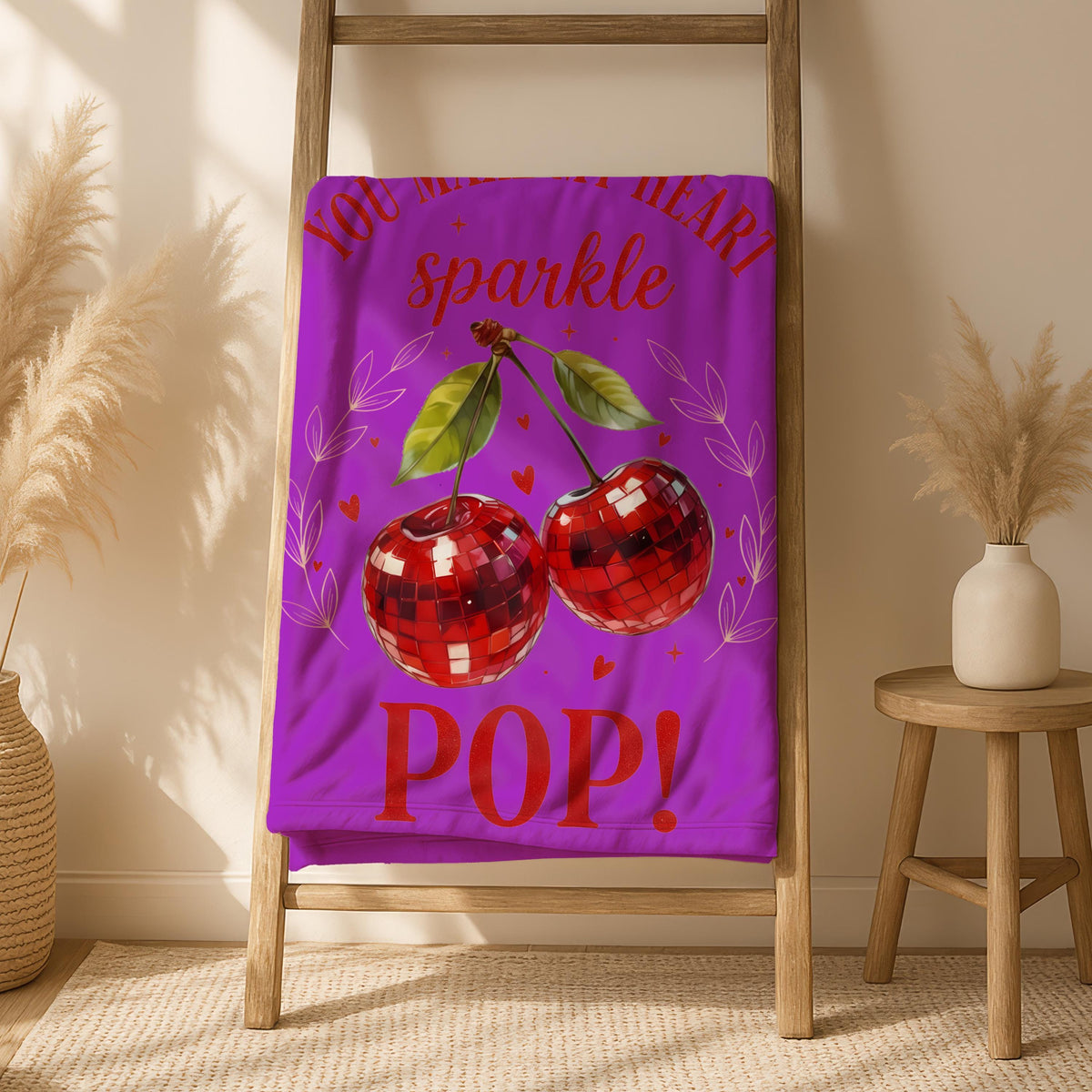 Valentines Day Cherry Heart Blanket, You Make My Hearth Sparkle Pop Throw, Valentines Day Gift, Anniversary Gift Blanket, Cute Love Blanket