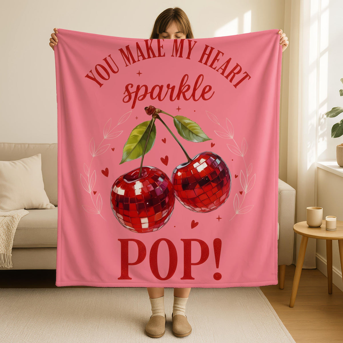 Valentines Day Cherry Heart Blanket, You Make My Hearth Sparkle Pop Throw, Valentines Day Gift, Anniversary Gift Blanket, Cute Love Blanket