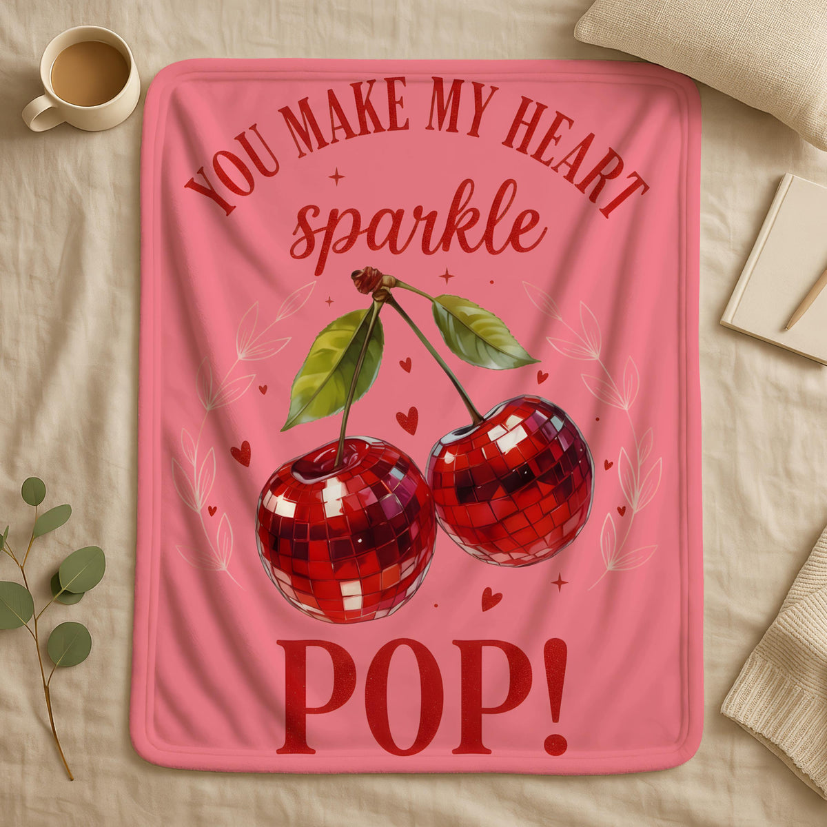 Valentines Day Cherry Heart Blanket, You Make My Hearth Sparkle Pop Throw, Valentines Day Gift, Anniversary Gift Blanket, Cute Love Blanket