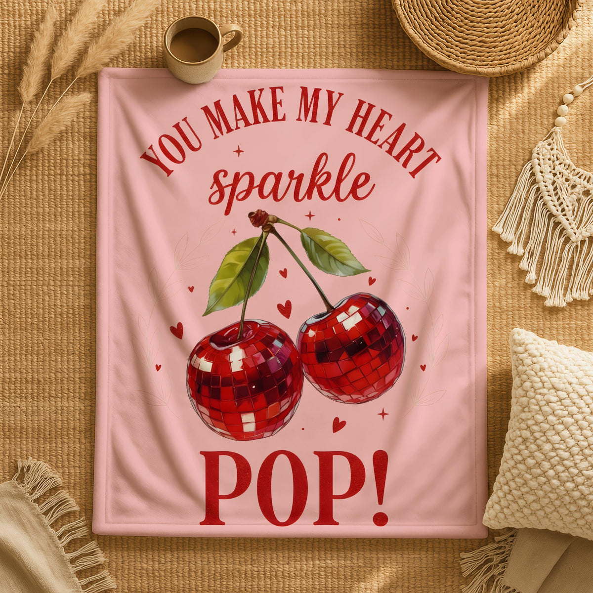 Valentines Day Cherry Heart Blanket, You Make My Hearth Sparkle Pop Throw, Valentines Day Gift, Anniversary Gift Blanket, Cute Love Blanket
