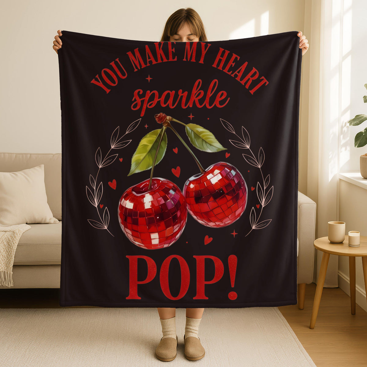Valentines Day Cherry Heart Blanket, You Make My Hearth Sparkle Pop Throw, Valentines Day Gift, Anniversary Gift Blanket, Cute Love Blanket