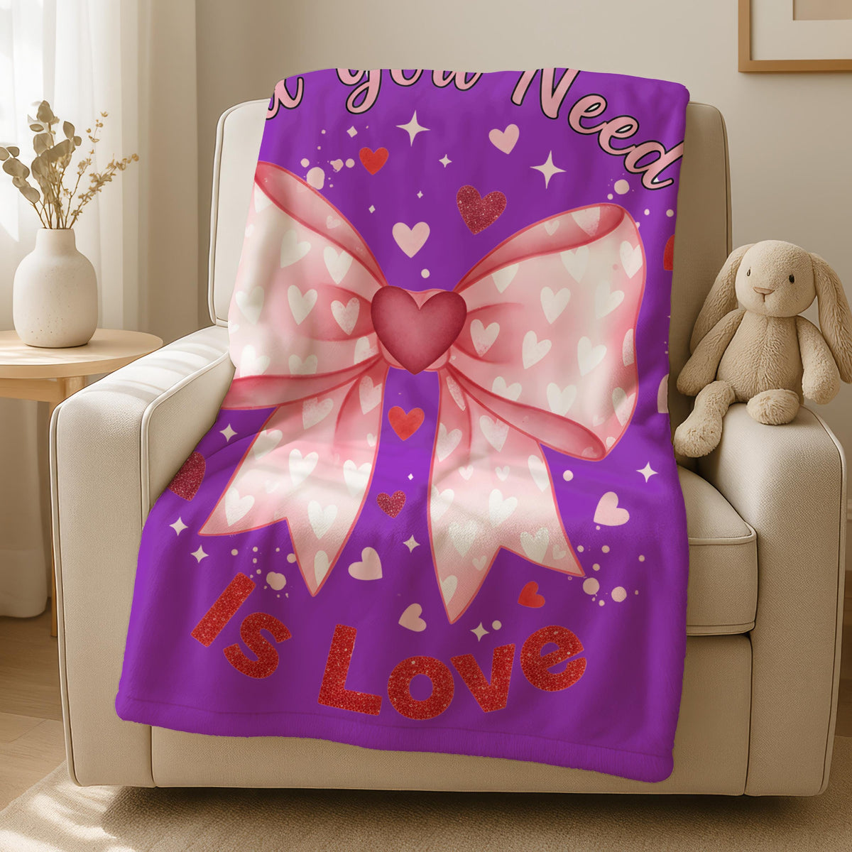 All you Need Is Love Valentine Throw Blanket, Valentines Day Bow Blanket, Love Quote Blanket, Romantic Valentine Blanket, Cozy Love Throw