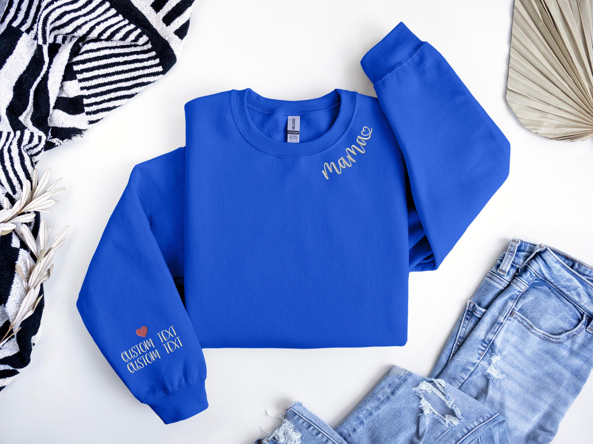 Custom Mama Embroidered Sweatshirt, Curved Neckline Mama Shirt, Personalized Mom Embroidered Sweatshirt, Personalized Dad Embroidered Shirt
