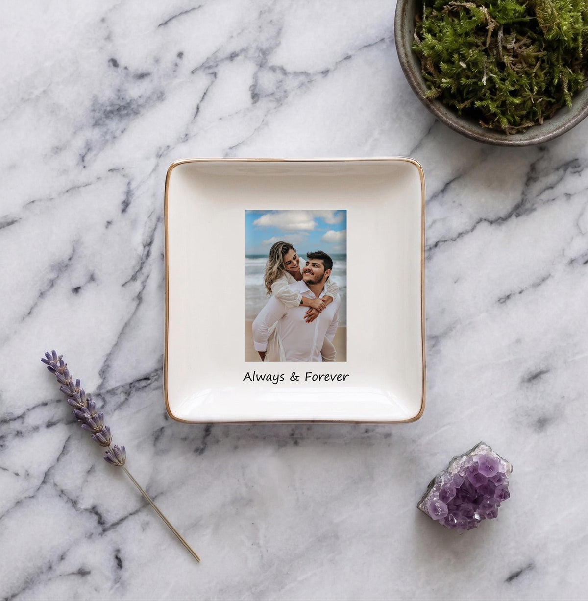 Custom Photo Heart Jewelry Dish, Personalized Gift for Mom from Daughter, Ceramic Trinket Tray with Gold Rim, Sentimental Mother’s Day Gift